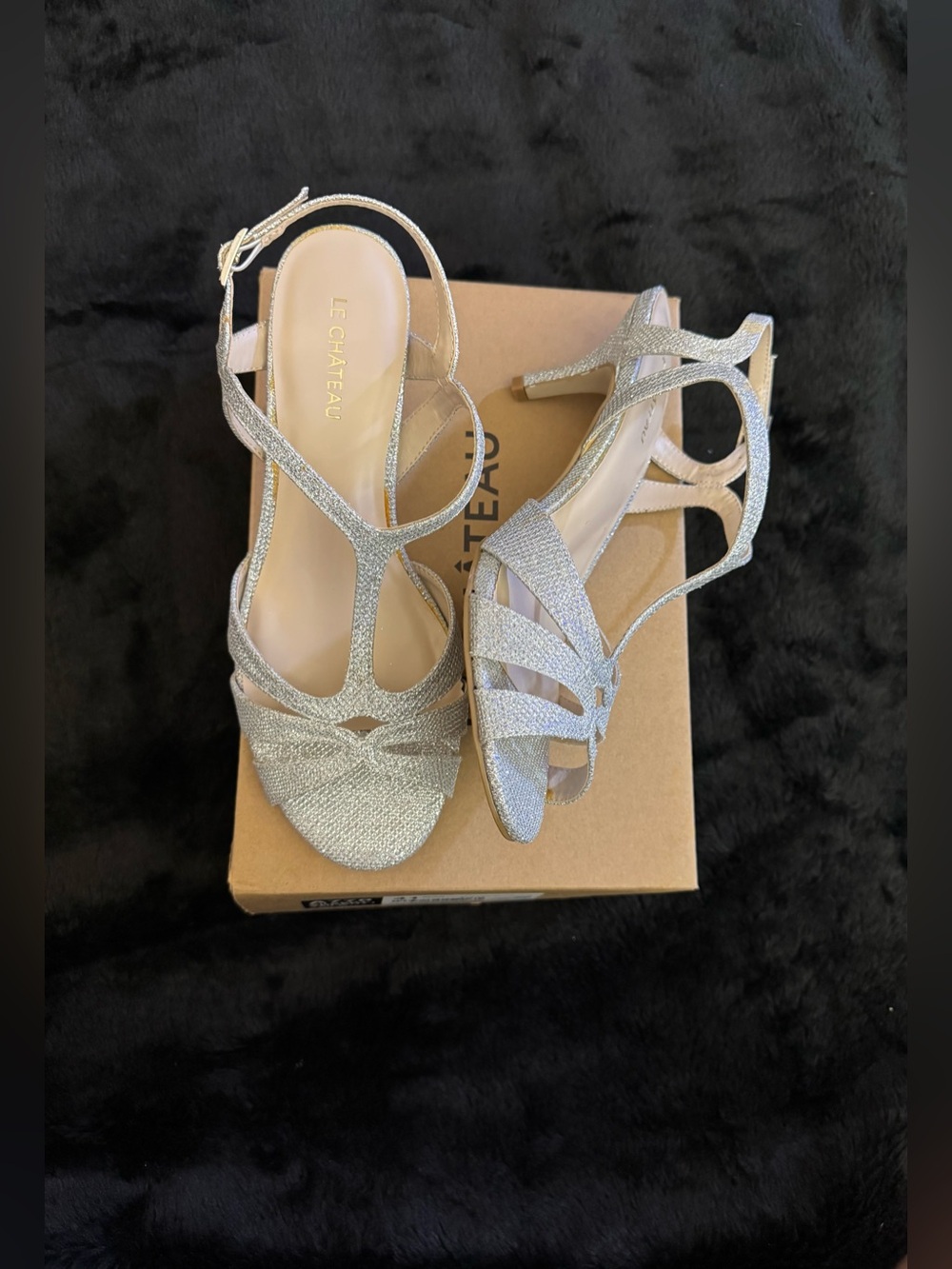 le chateau Silver Glitter Strappy T‑Heel Sandals